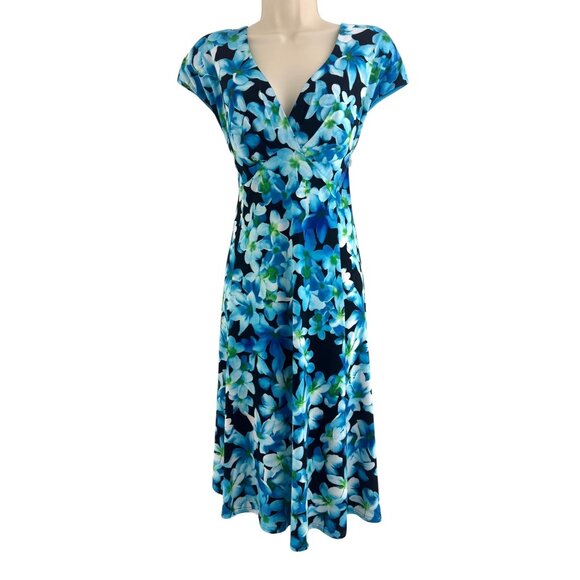 Evan Picone Teal Blue Floral Print Dress Size 16 Black Label Wedding Summer - Picture 1 of 7